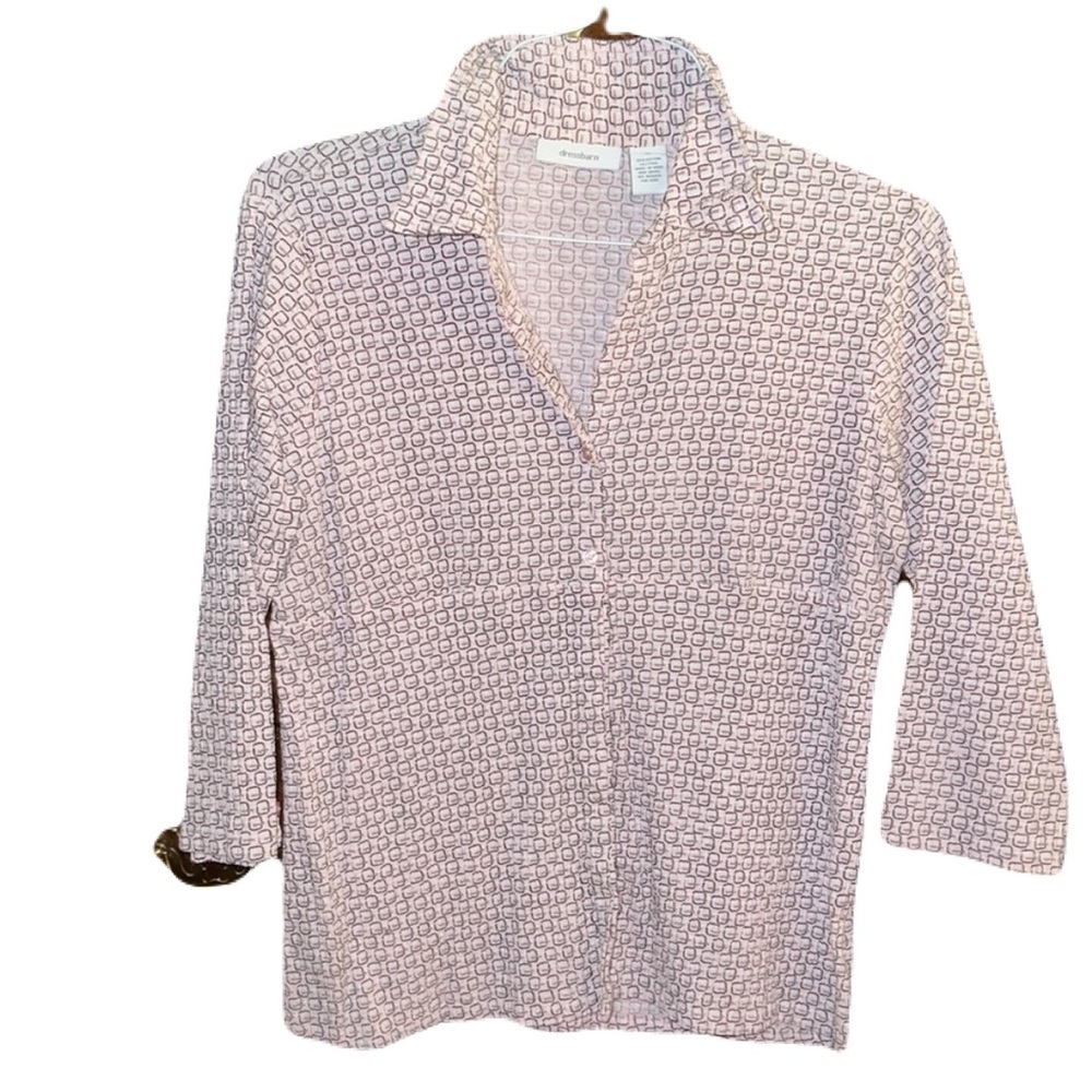 Dress Barn collared v-neck 3/4 length sleeves ribbed stretch button up blouse